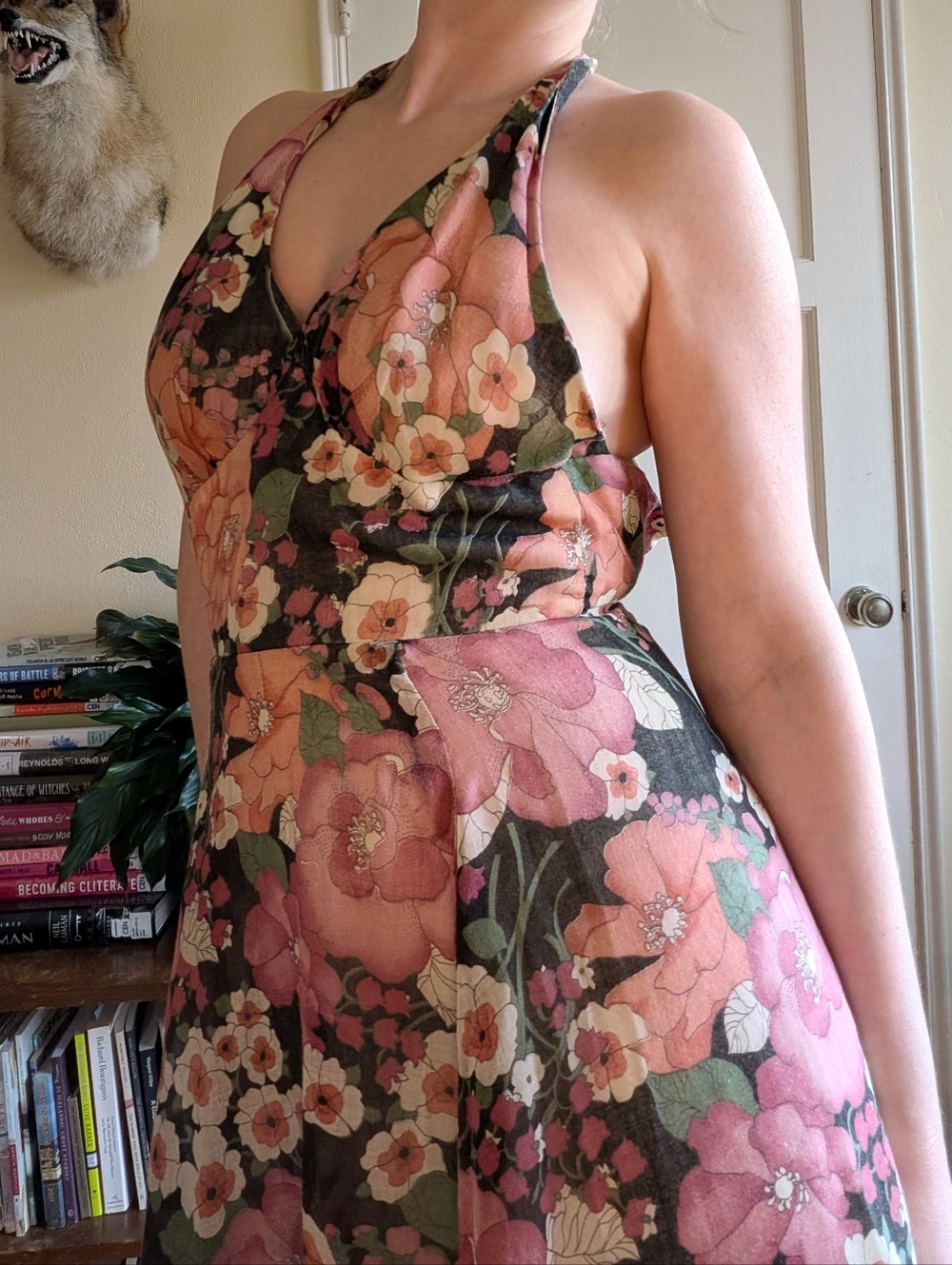 Vintage 70s Floral Halter Maxi Dress in Pink and Green - Picture 3 of 9